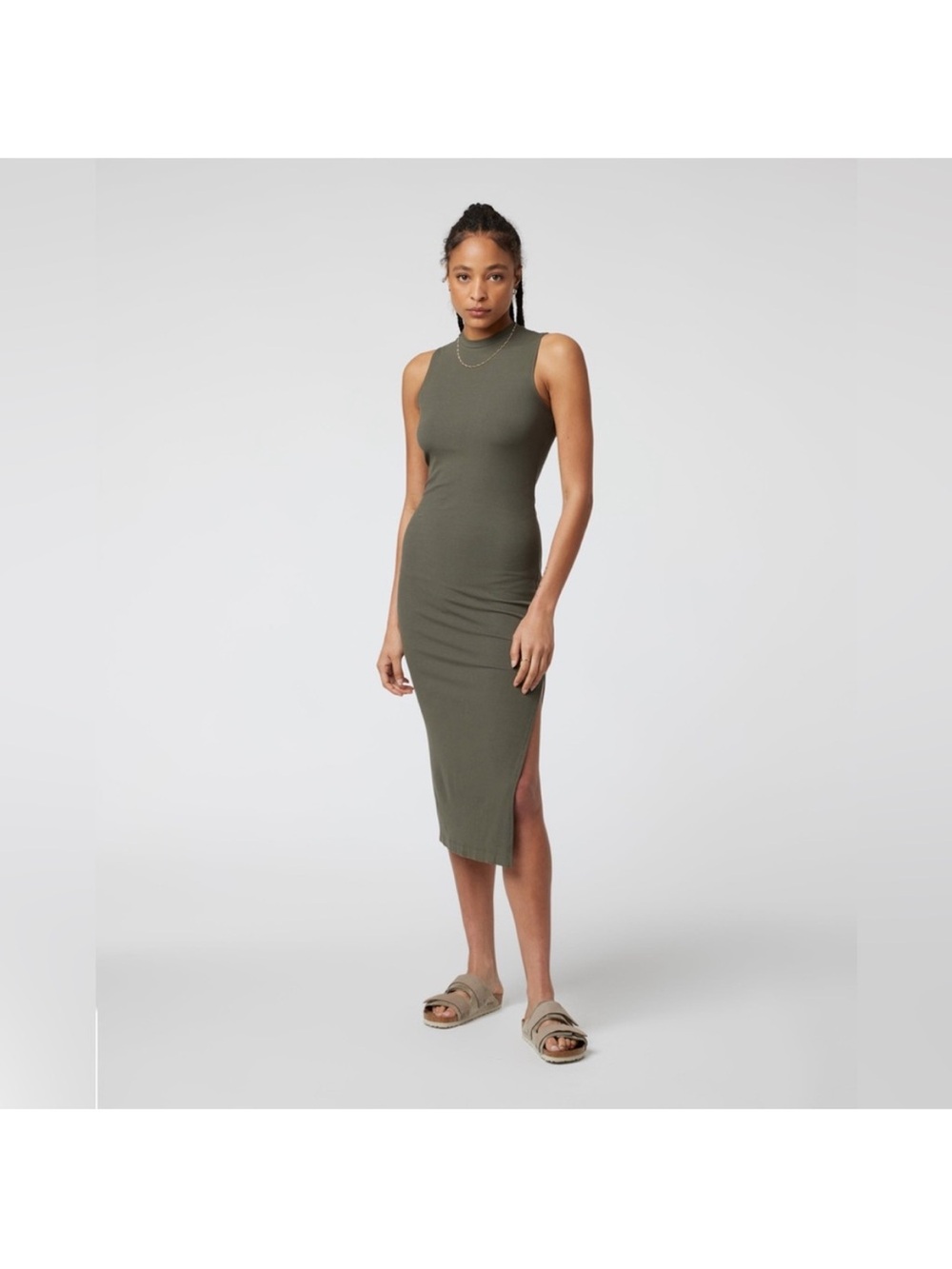 Vuori small cinched side slit Sleeveless Ribbed Midi Dress in Green NWOT